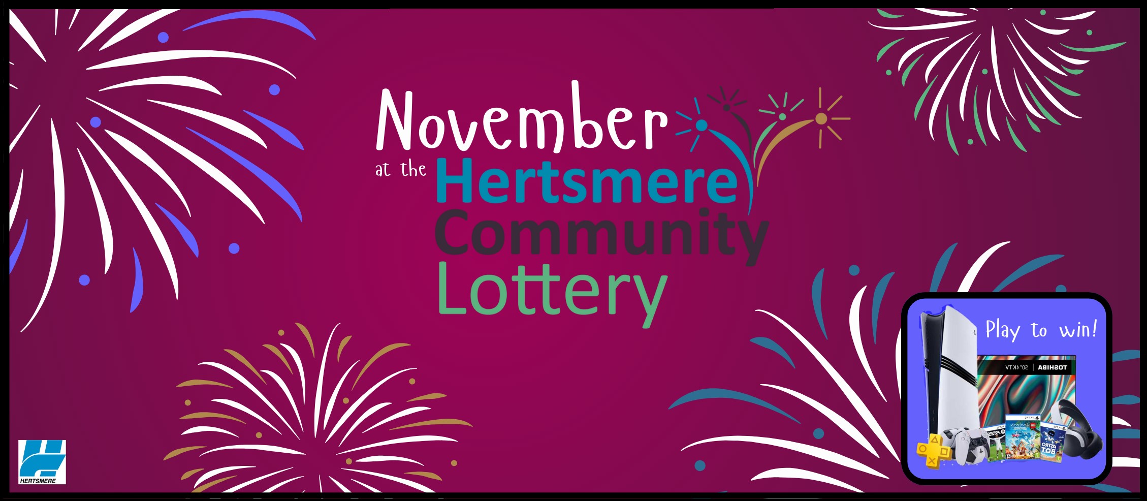 November at the Hertsmere Community Lottery, wine red background with abstract fireworks.